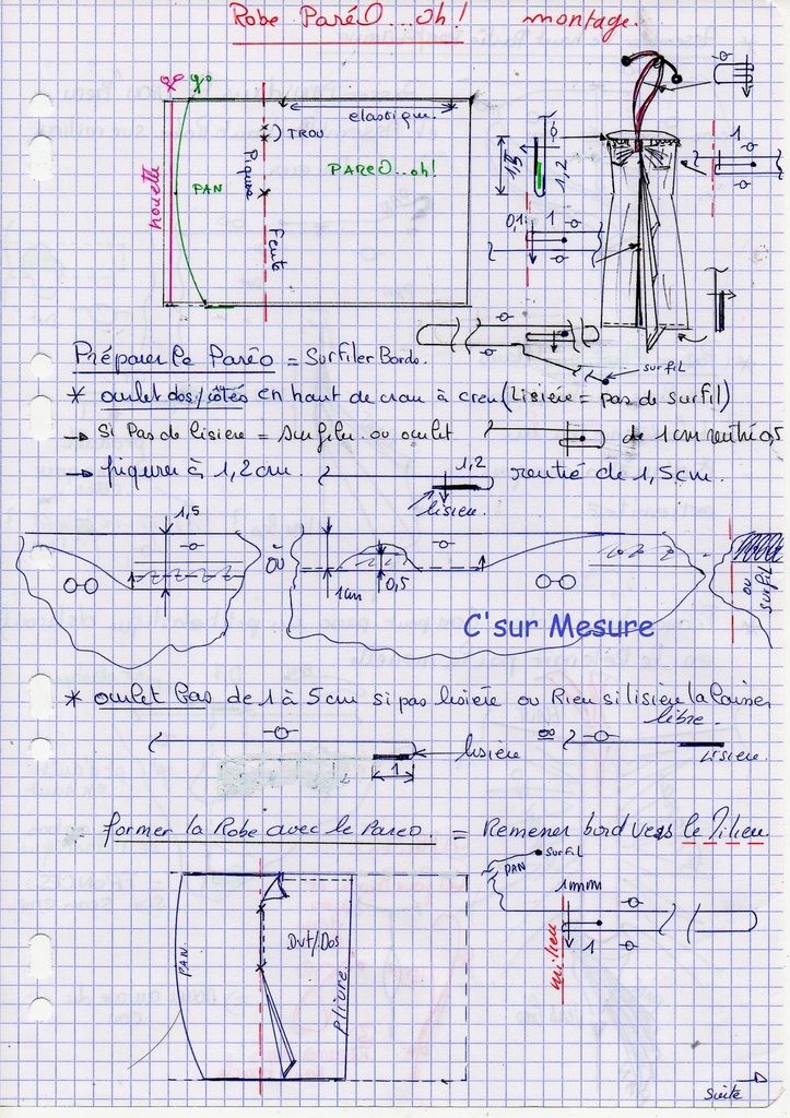  dessin technique et montage de la robe avec coutures/ourlets.