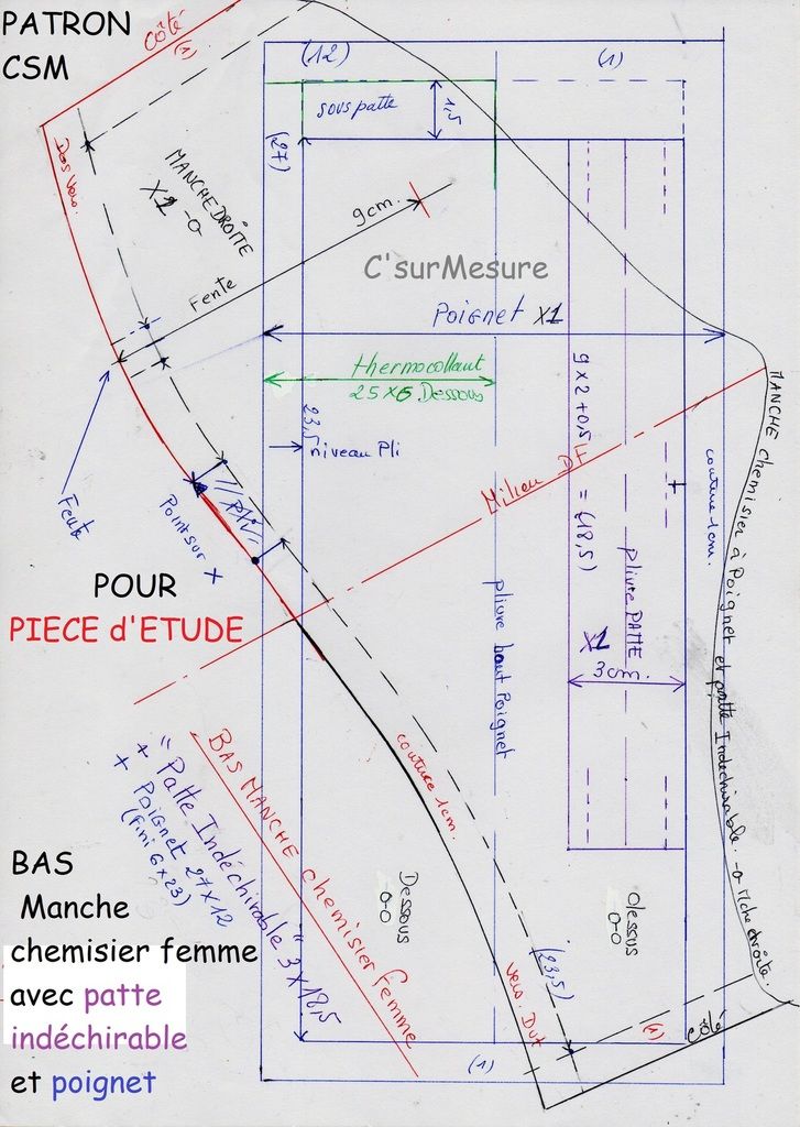 Pätron pour faire la piéce d'etude :  bas Manche chemisier+ patte indéchirable et poignet