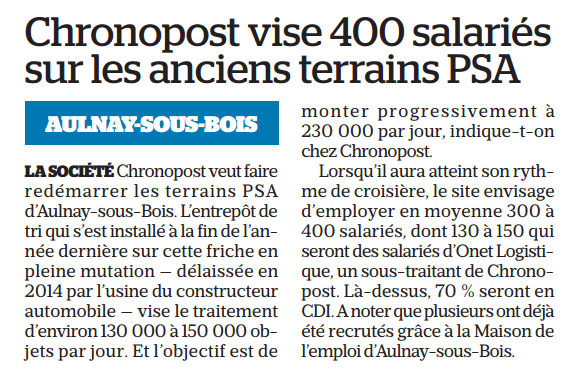 Chronopost compte employer 400 salariés sur l’ancien site PSA à Aulnay-sous-Bois