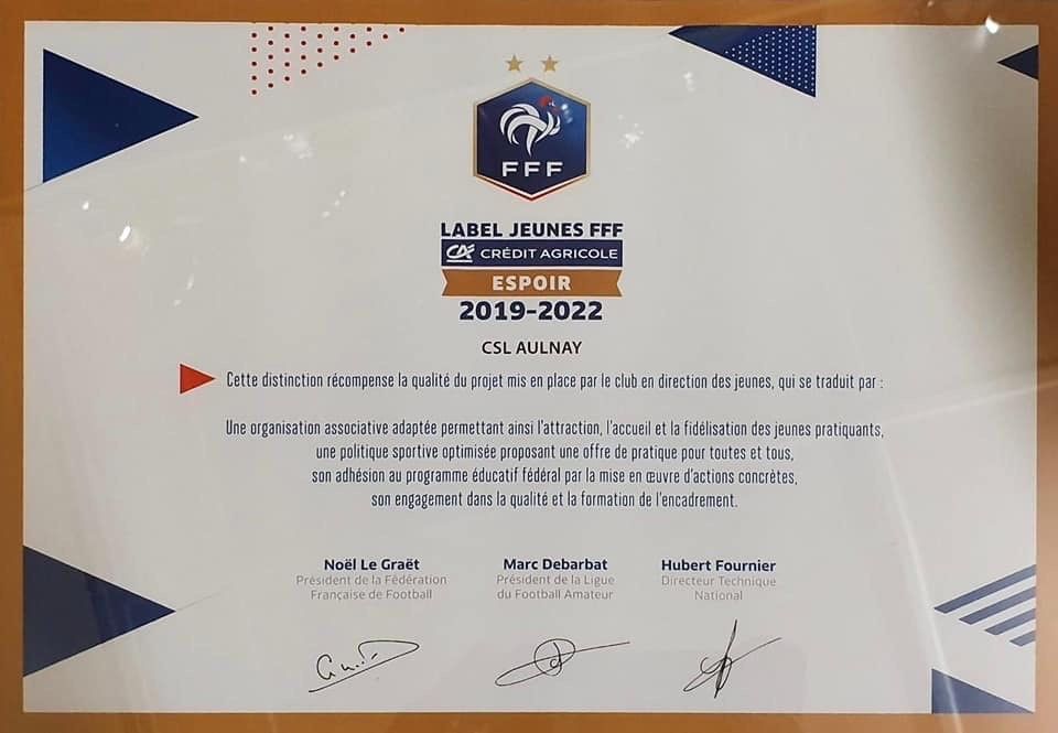 Le CSL Aulnay Football reçoit le Label FFF Espoirs Jeunes !