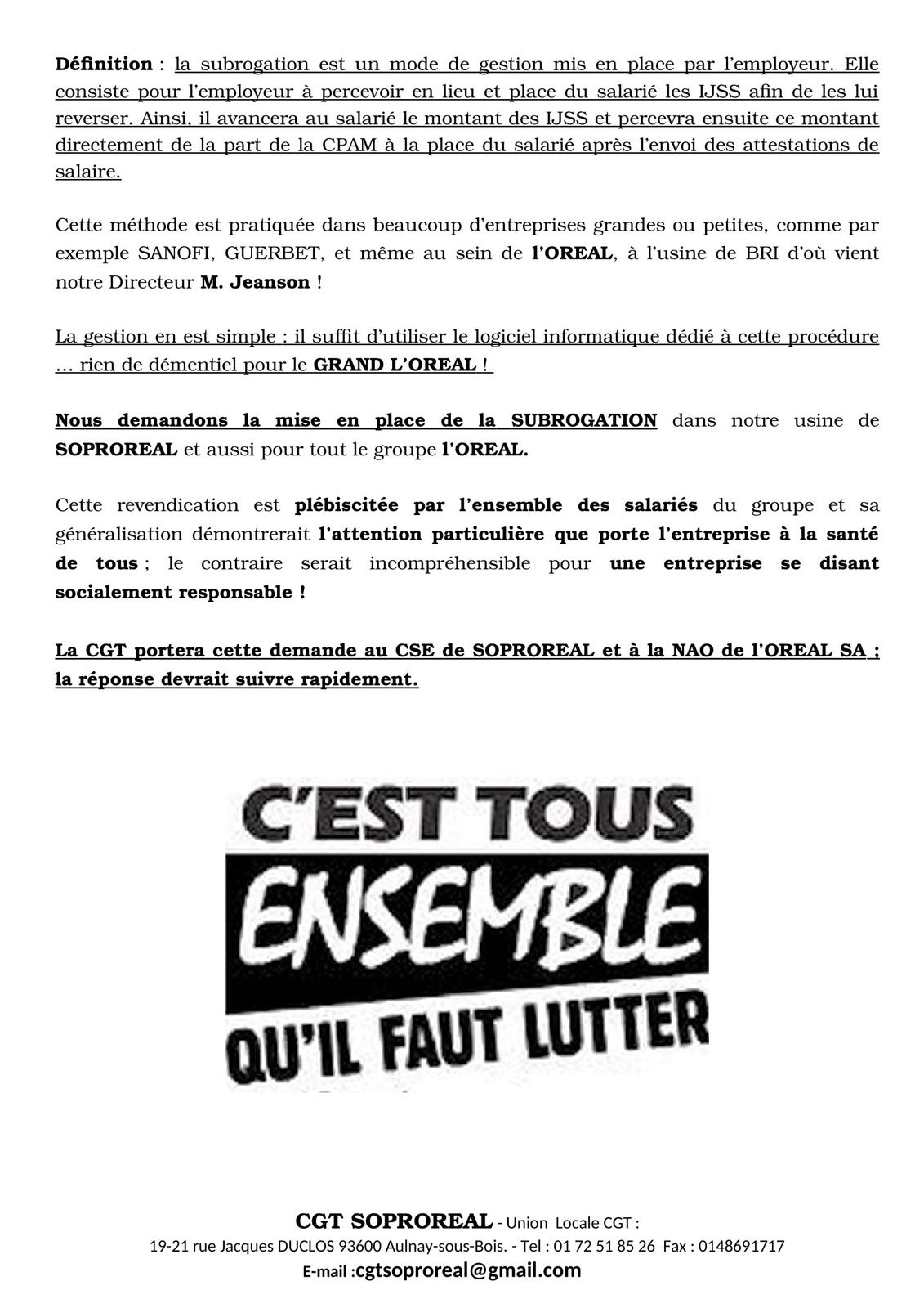 La CGT Soproreal d’Aulnay-sous-Bois demande la subrogation pour le groupe l’Oréal