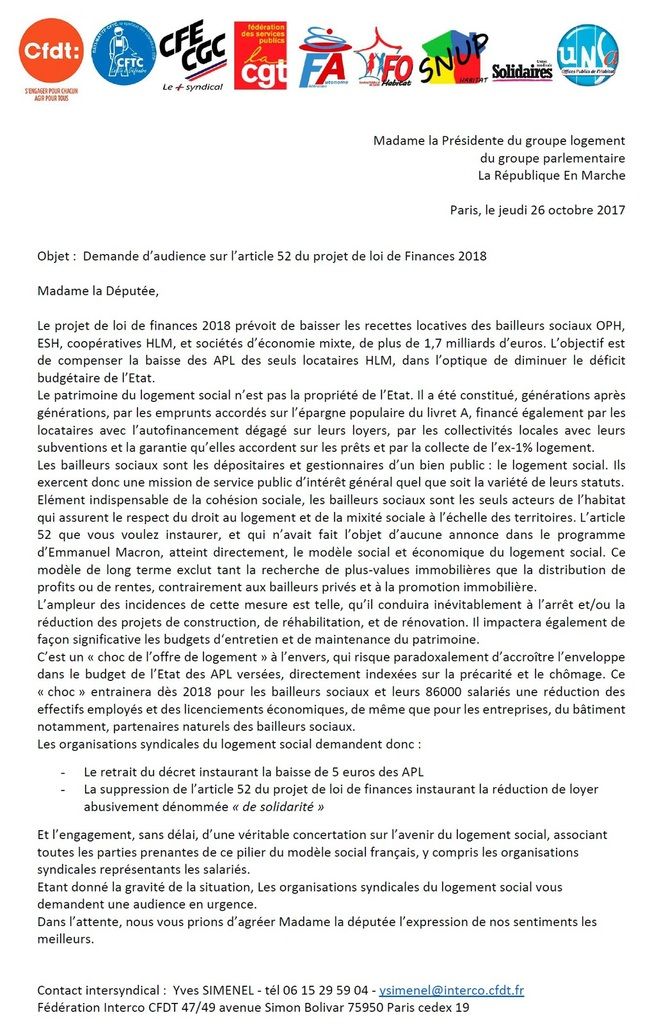 L'intersyndicale demande audience à la Présidente du groupe logement des parlementaires En Marche
