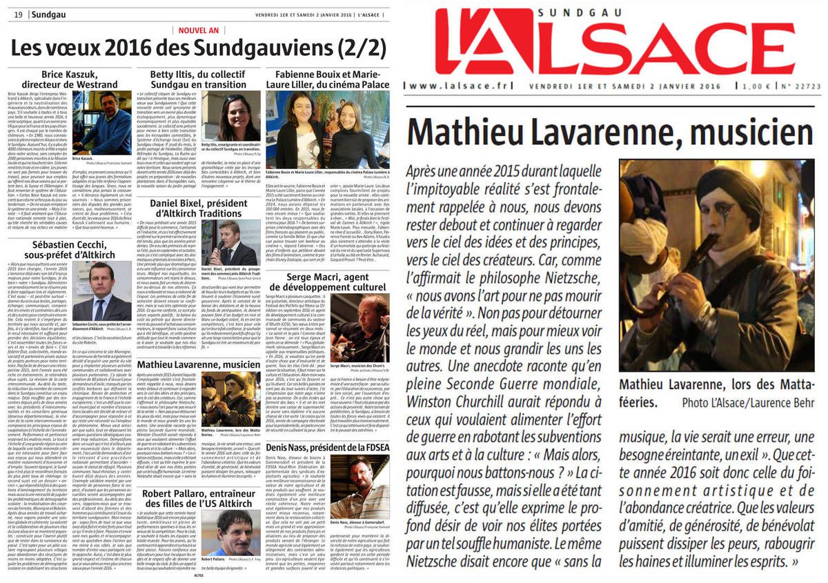 Les voeux de Mathieu Lavarenne, membre de la troupe, dans le journal L'Alsace du 1 janvier 2016