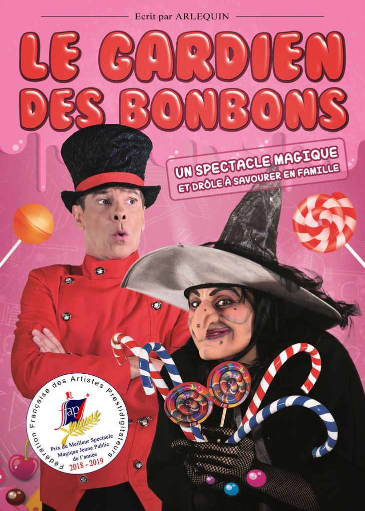 Gardien des bonbons, arlequin, magie, enfants, folie, spectacle
