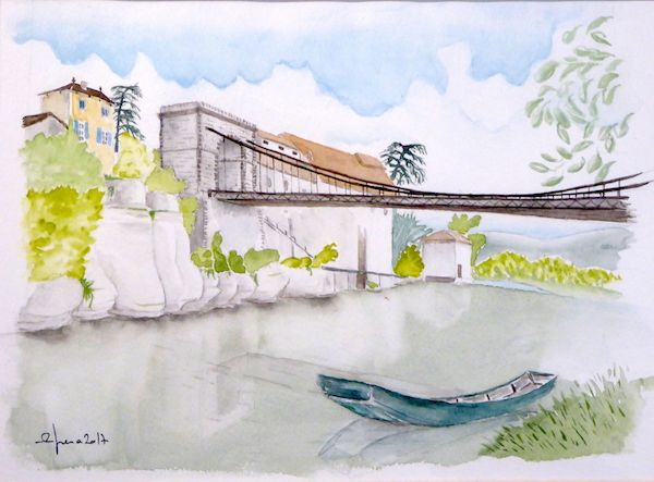 ArtOpera Peinture aquarelle Ardèche pont fil de fer Ruoms