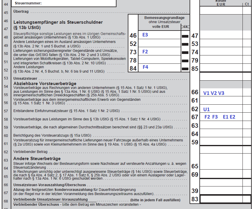 Zuordnung Steuerkennzeichen zur Zeile im Formular (Seite 2)