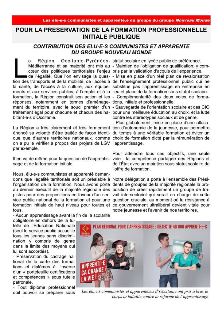 Lettre des élus communistes et républicains - Région Occitanie - Février 2018