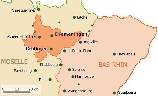 L'Alsace Bossue, en orange enclavée entre Lorraine et Alsace