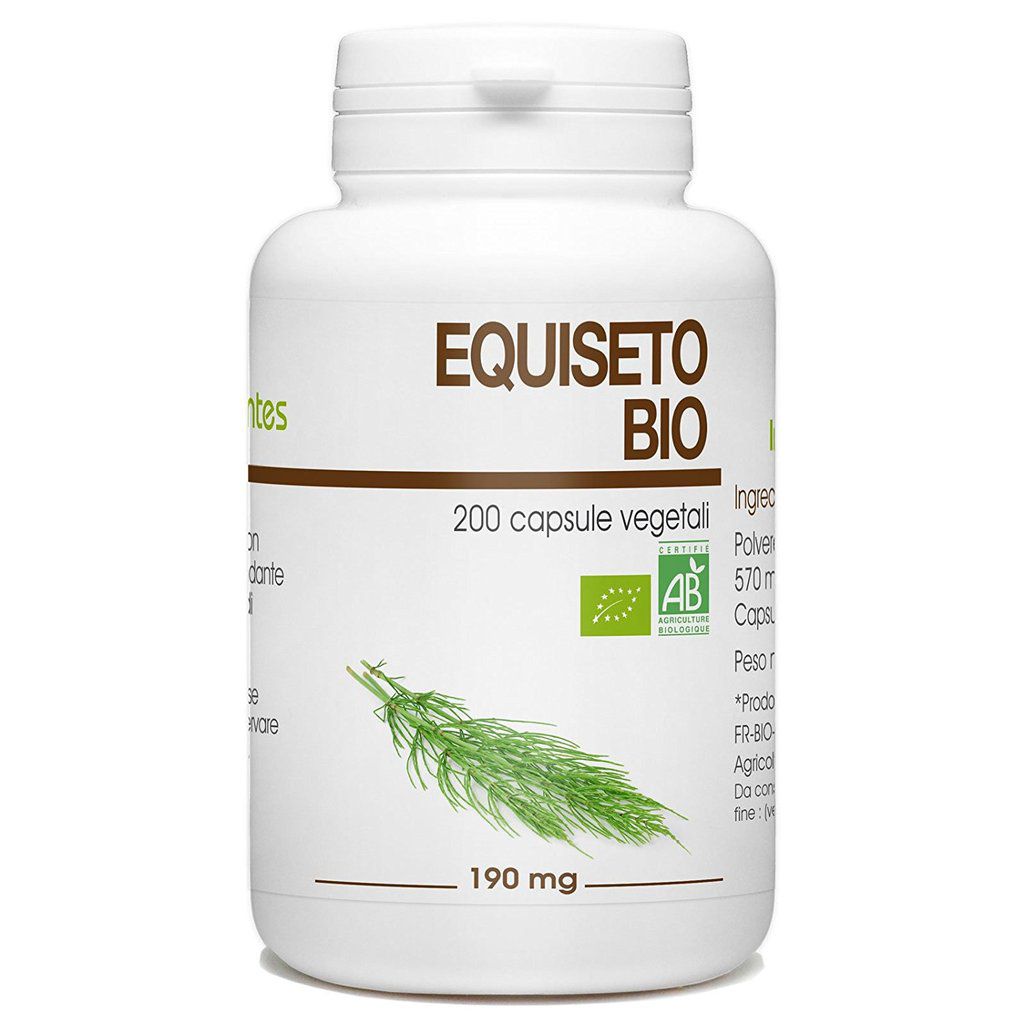 Equiseto parte aeree Bio - 190mg - 200 capsule vegetali Equisetum arvense Prodotto da agricoltura biologica Da 2 a 3 capsule al giorno con un bicchiere d'acqua abbondante durante i pasti e nell'ambito di un'alimentazione bilanciata.