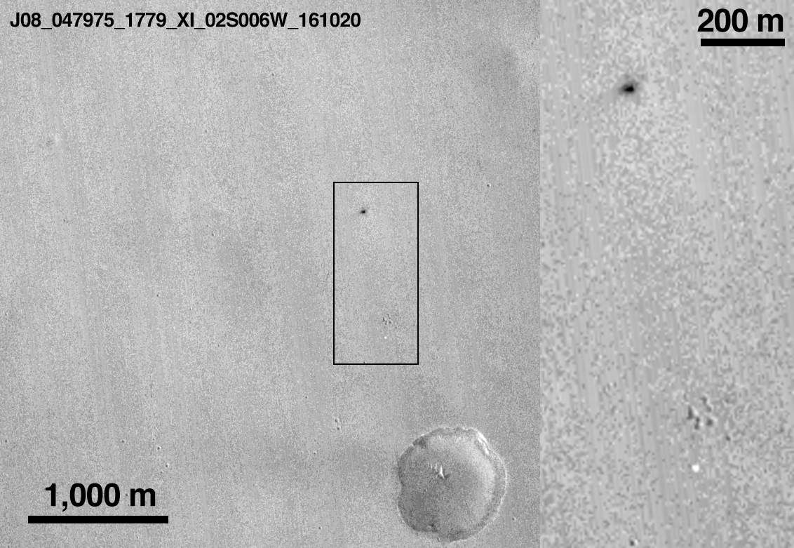 Schiaparelli - ESA - EDM - Cratère d'impact et parachute - MRO - Camera CTS - NASA - ESA - 20 octobre 2016