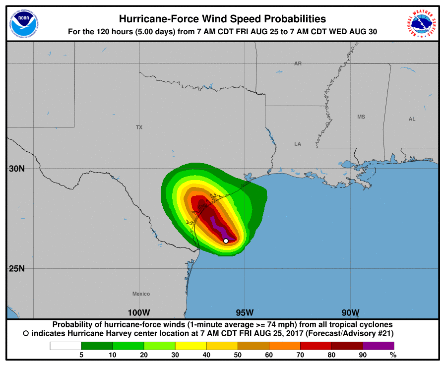 Harvey - Hurricane force wind speed probability - NHC - NOAA - prévision - forecast - évolution de la vitesse des vents et trajectoire - storm - warning