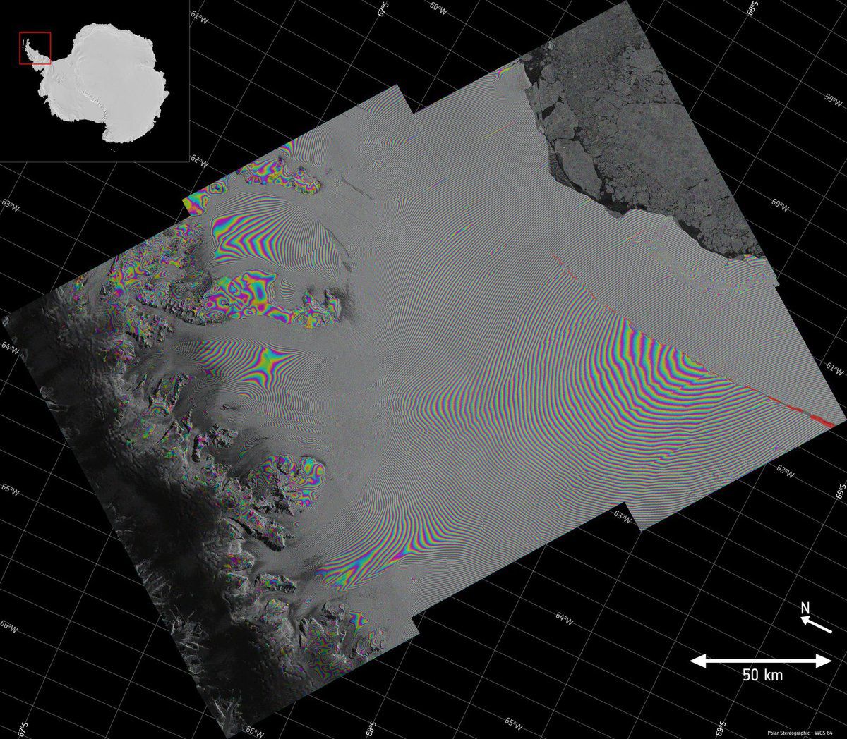Antarctique - Antartica - Sentinel-1 - interférométrie - Larsen-C - A68 - Copernicus - ESA - fracture - iceberg