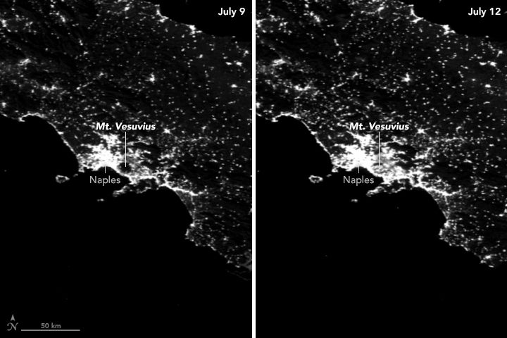 Vésuve - Incendie - Wild fire - Juillet 2017 - image nocturne - satellite - Suomi NPP - VIIRS - NASA - July 2017 - Night image