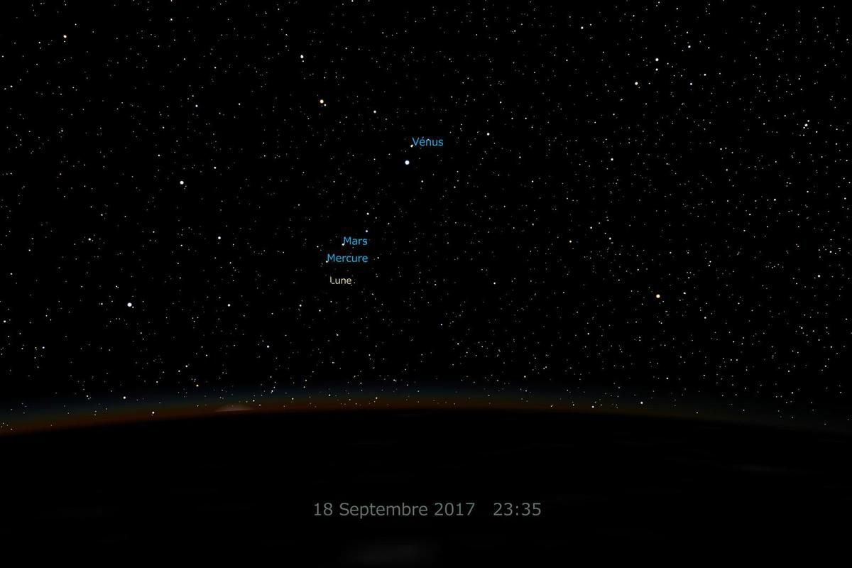 Mitaka - ISS - 18 septembre 2017 - Simulation - Venus - Regulus - Mars - Mercure - Lune - Moon - Alignment - Conjonction - Moscow - Paolo Nespoli - Moscou