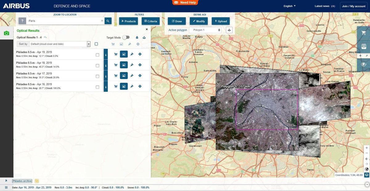 Cathédrale Notre-Dame de Paris - Satellite Pléiades - Emprise des images du 16 au 19 avril 2019 - Footprint - Incidence angle - swath - fauchée