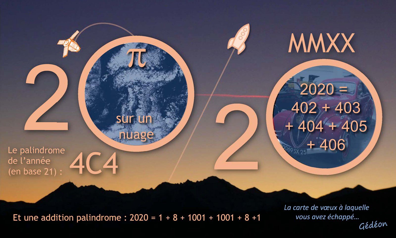 Carte de voeux - 2020 - Season's greetings - Bonne année - curiosités mathématiques - amis des maths - mathematics - nombre autodescriptif - palindrome
