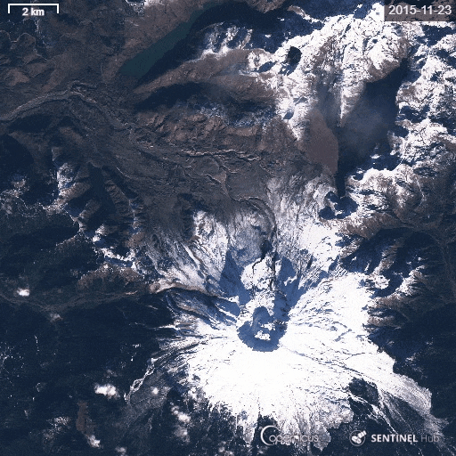 Copernicus - Mount St Helens - Mont Saint Helens - Spirit Lake Lac Spirit - Arbre - Séquence satellite Sentinel-2 de 2015 à 2020