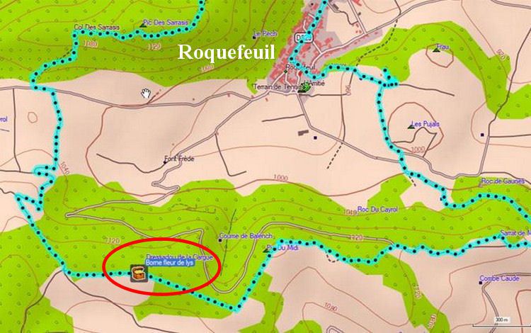 Plan de situation de la borne de Roquefeuil au Pays de Sault