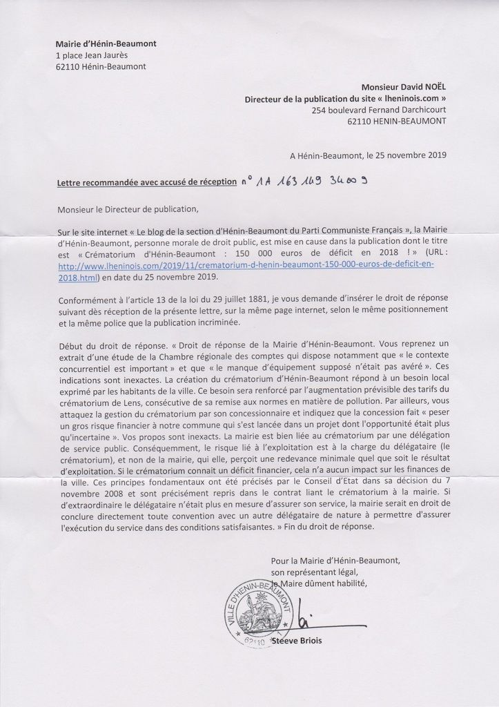 Crématorium : le droit de réponse de la mairie d'Hénin-Beaumont (qui n'avait pas convaincu la CRC)