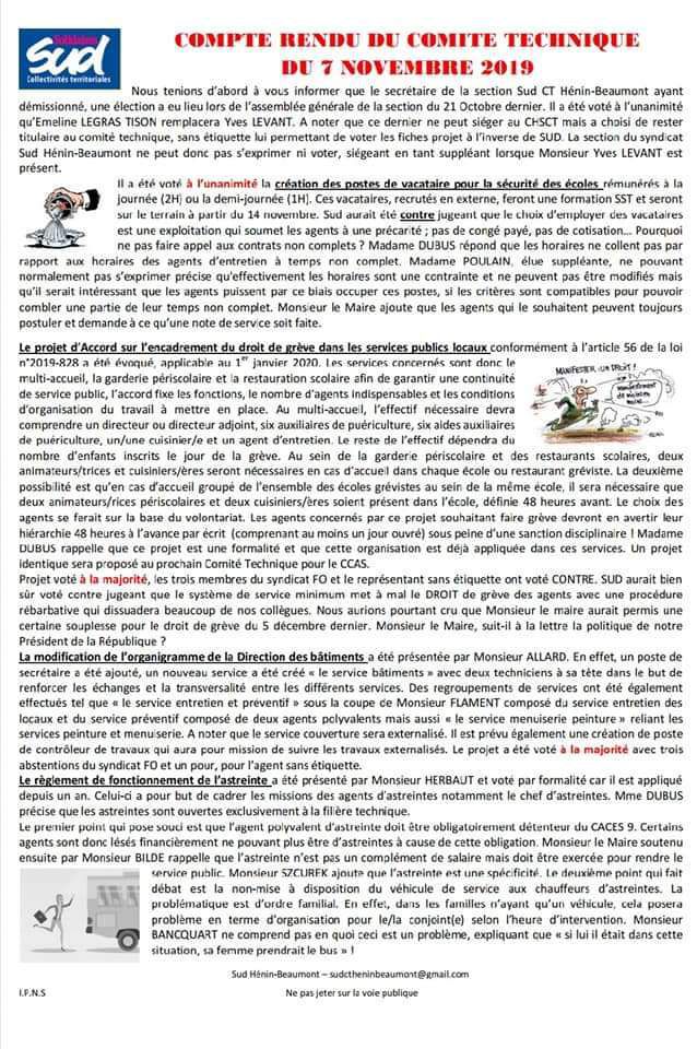 Compte-rendu du Comité Technique : Le nouveau tract de SUD Collectivités Territoriales Hénin-Beaumont