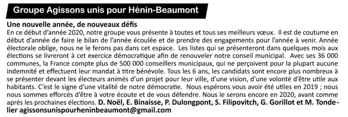 La tribune libre de l'opposition (Hénin-Beaumont c'est vous n°62, janvier 2020) 