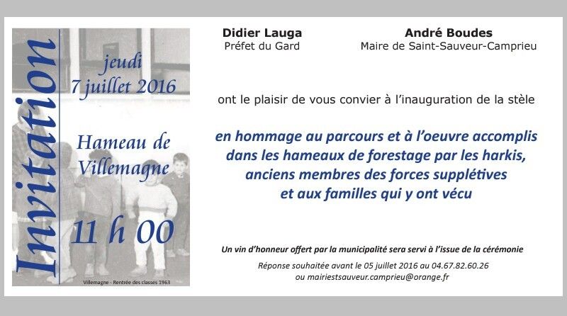 Villemagne dans le Gard (30) va être inaugurée le jeudi 7 juillet 2016 prochain une stèle en hommage aux 75 familles de harkis