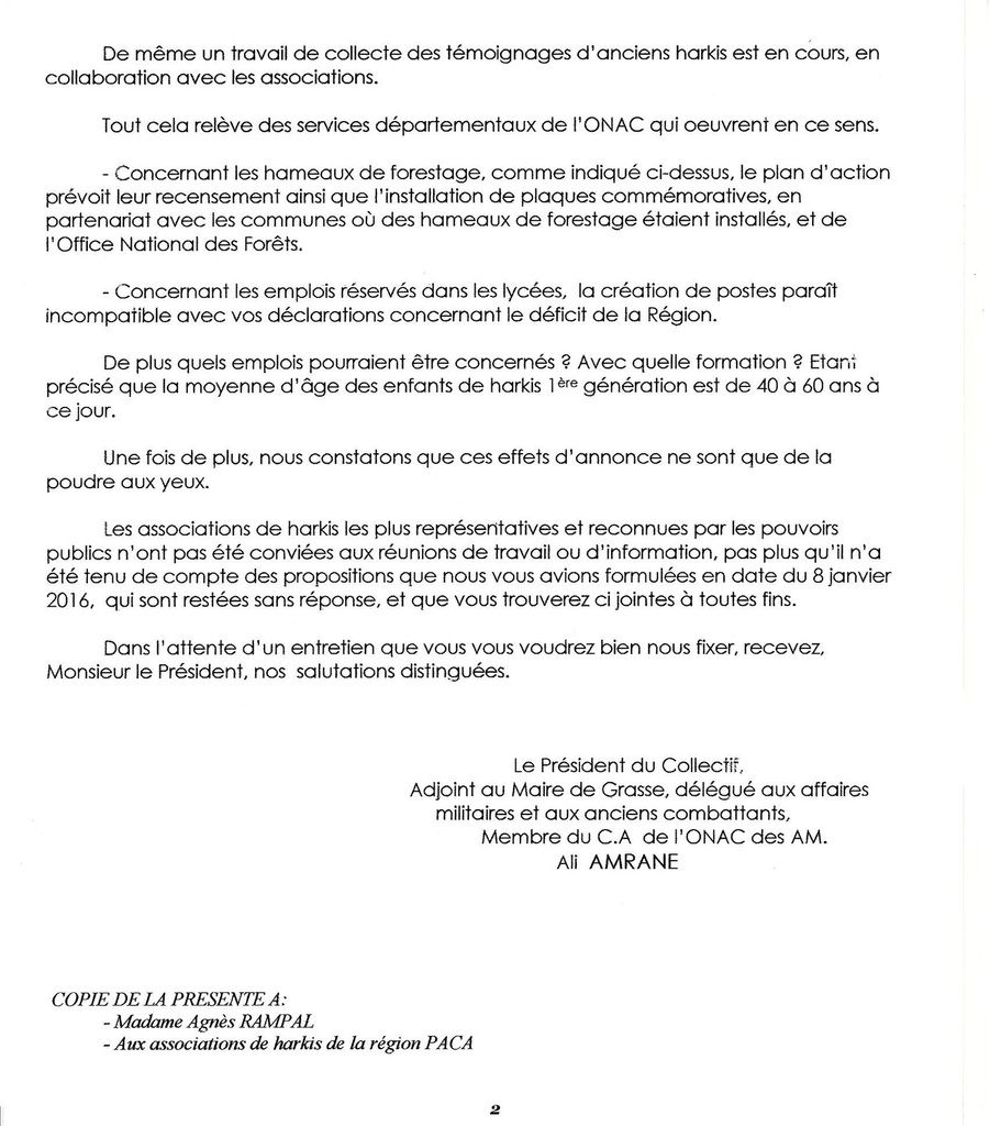 Réponse du collectif des associations de harkis des alpes maritimes au Président du Conseil Régional PACA, Christian Estrosi