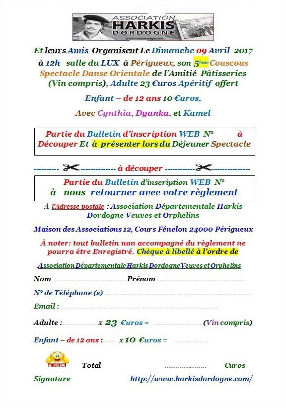 Bulletin d'inscription au 5 ème couscous spectacle danse orientale de l'amitié du dimanche 09 Avril 2017 à Périgueux