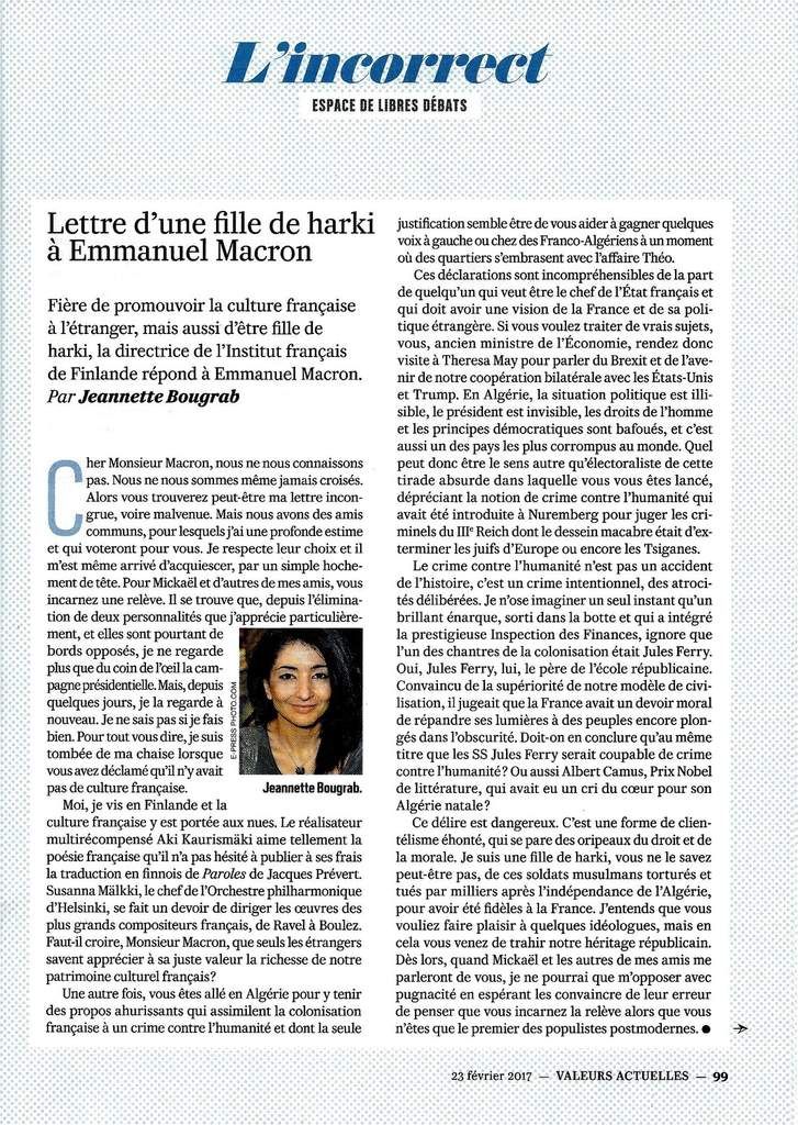 Lettre d'une fille de harki à emmanuel macron par jeannette bougrab