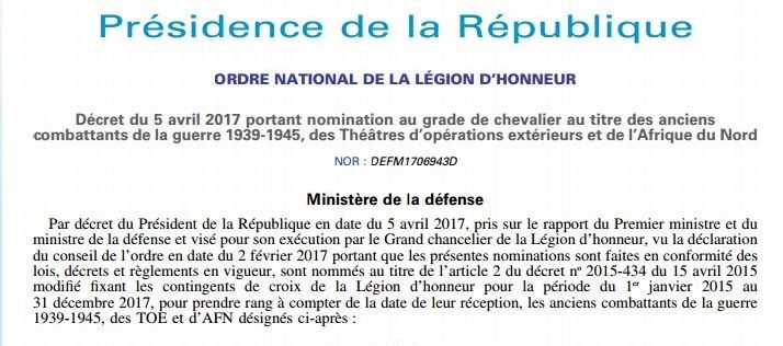  Sept Harkis Décorés pour 2017 Ordre national de la légion d'honneur