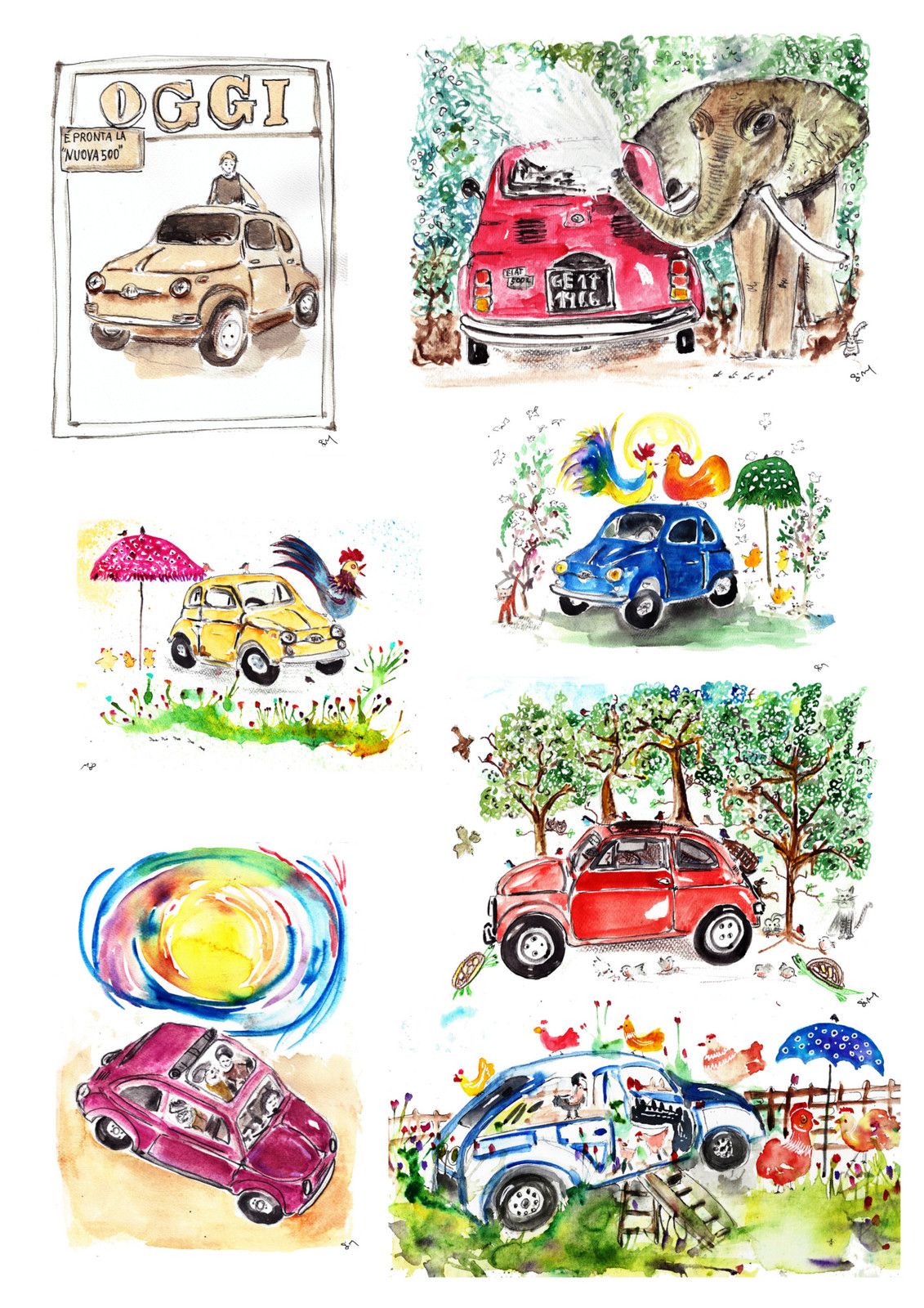 FIAT 500 fiat500 illustraziuoni acquarello poster stampe