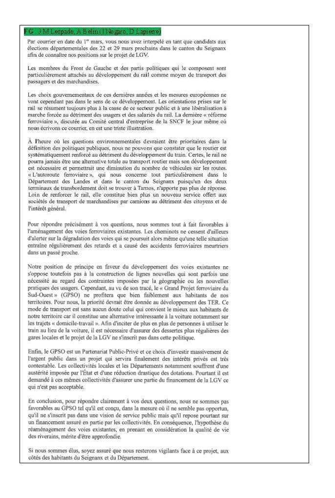 LGV : les dernières réponses des candidats/e