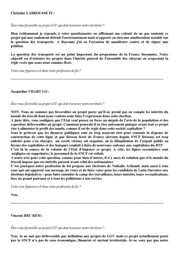 CADE : LGV, Les candidats/e aux législatives répondent