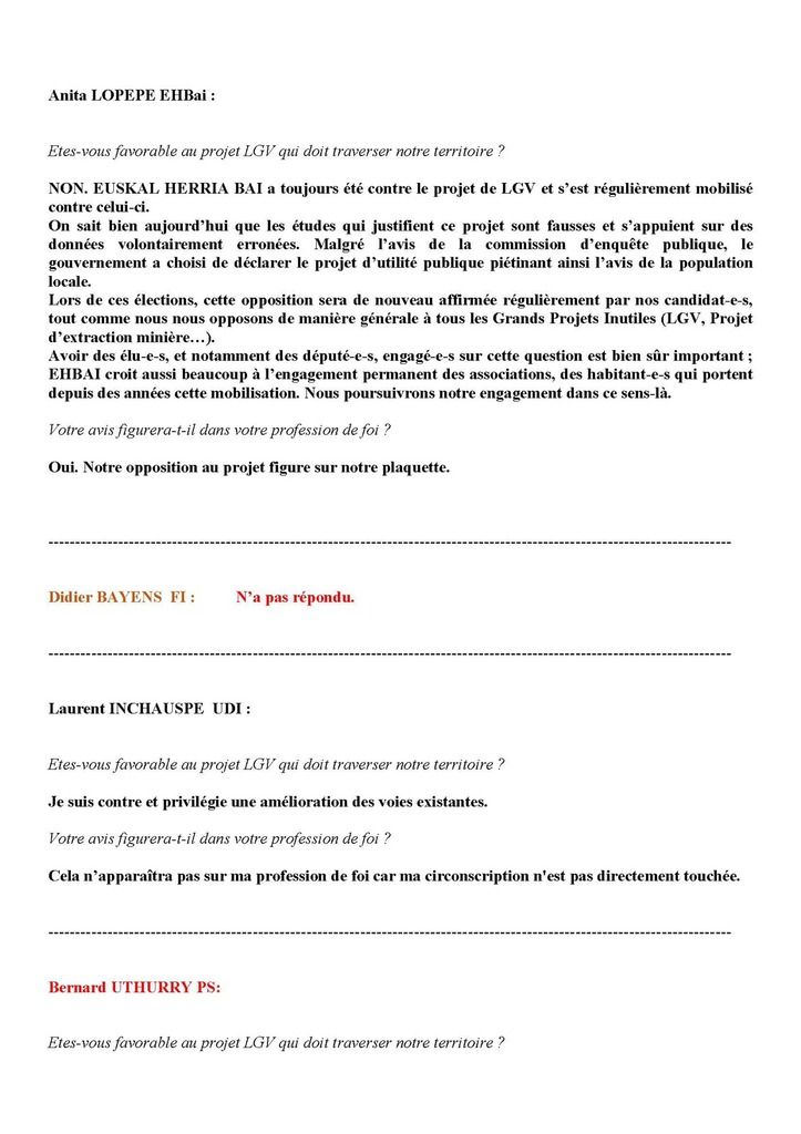 CADE : LGV, Les candidats/e aux législatives répondent