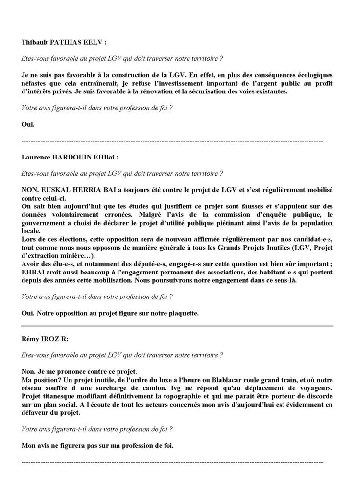 CADE : LGV, Les candidats/e aux législatives répondent