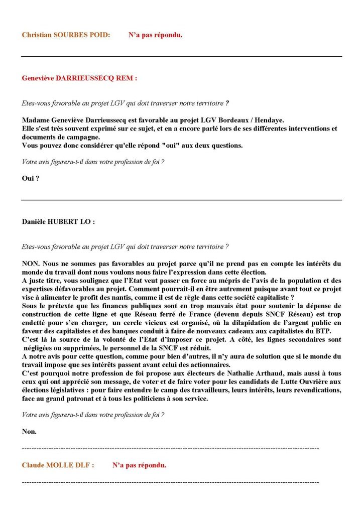 CADE : LGV, Les candidats/e aux législatives répondent