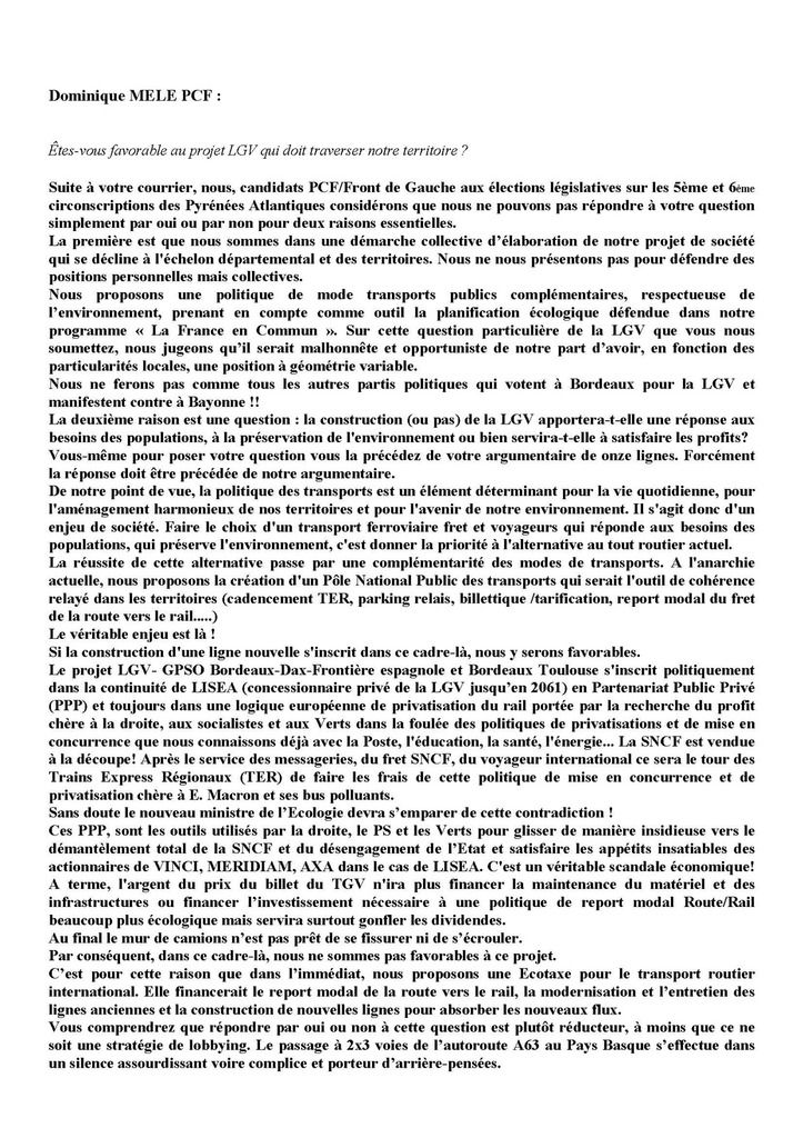 CADE : LGV, Les candidats/e aux législatives répondent