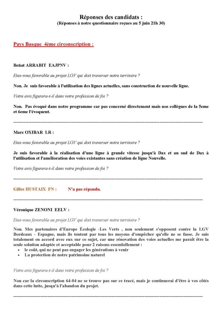 CADE : LGV, Les candidats/e aux législatives répondent