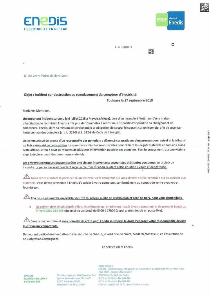 Barricadage d'un compteur : Modèle de réponse aux Intimidations d'Enedis -  Association ACE - 64700 Hendaye