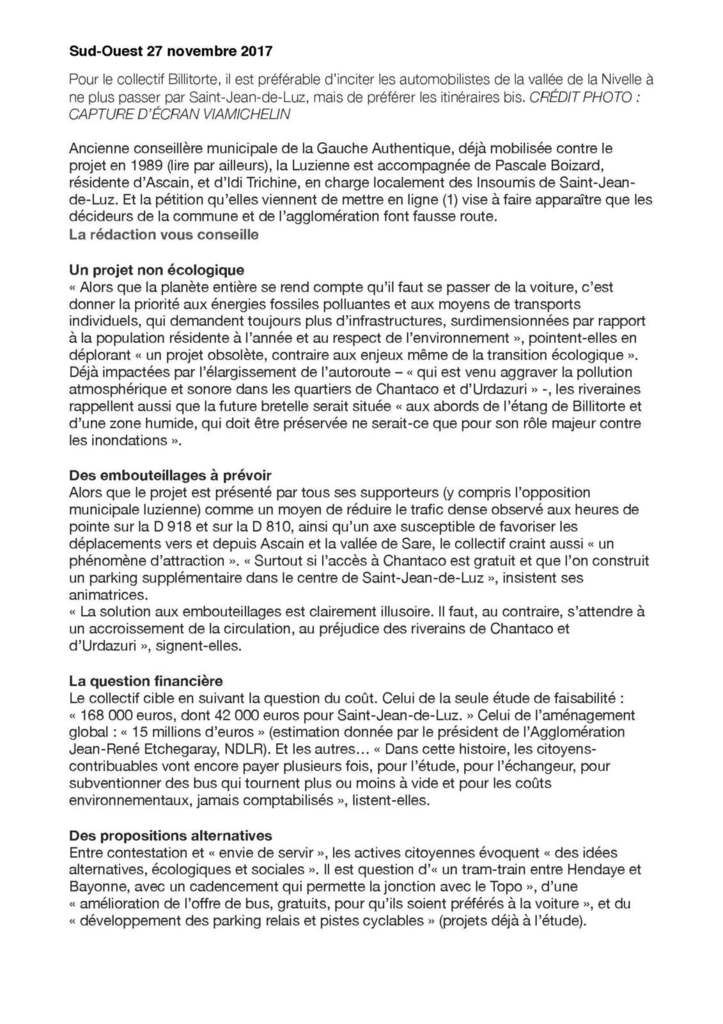 Le collectif Billitorte s’élève contre le projet de demi-échangeur de Chantaco