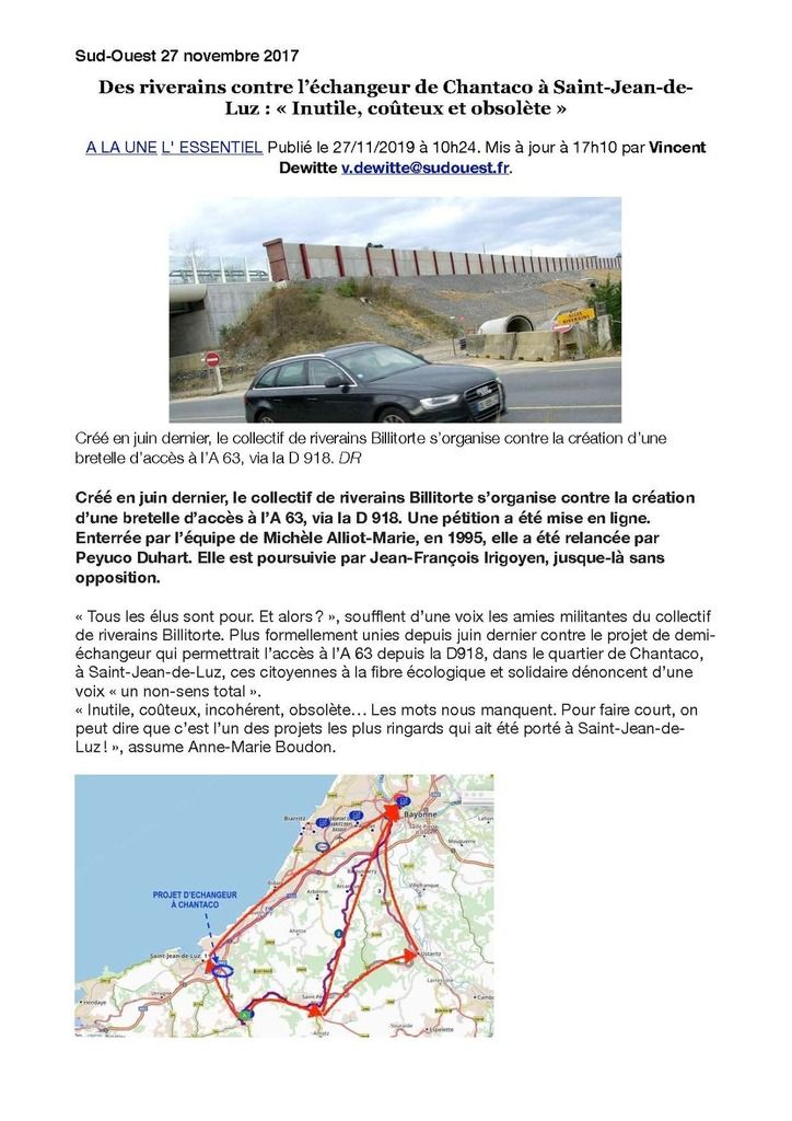 Le collectif Billitorte s’élève contre le projet de demi-échangeur de Chantaco