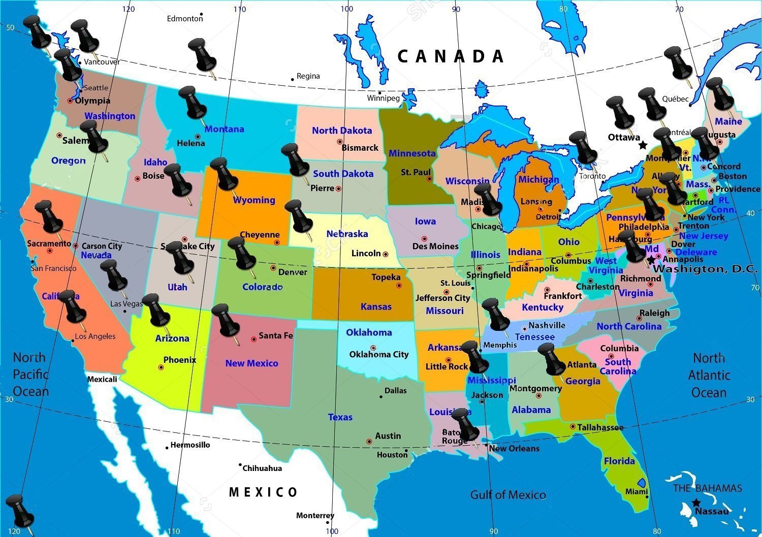La carte de nos destinations USA-Canada