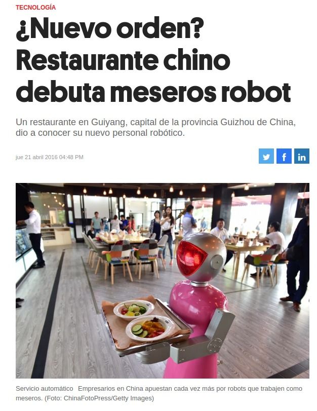 Meseros-robot en China: una noticia en el portal Expansión.