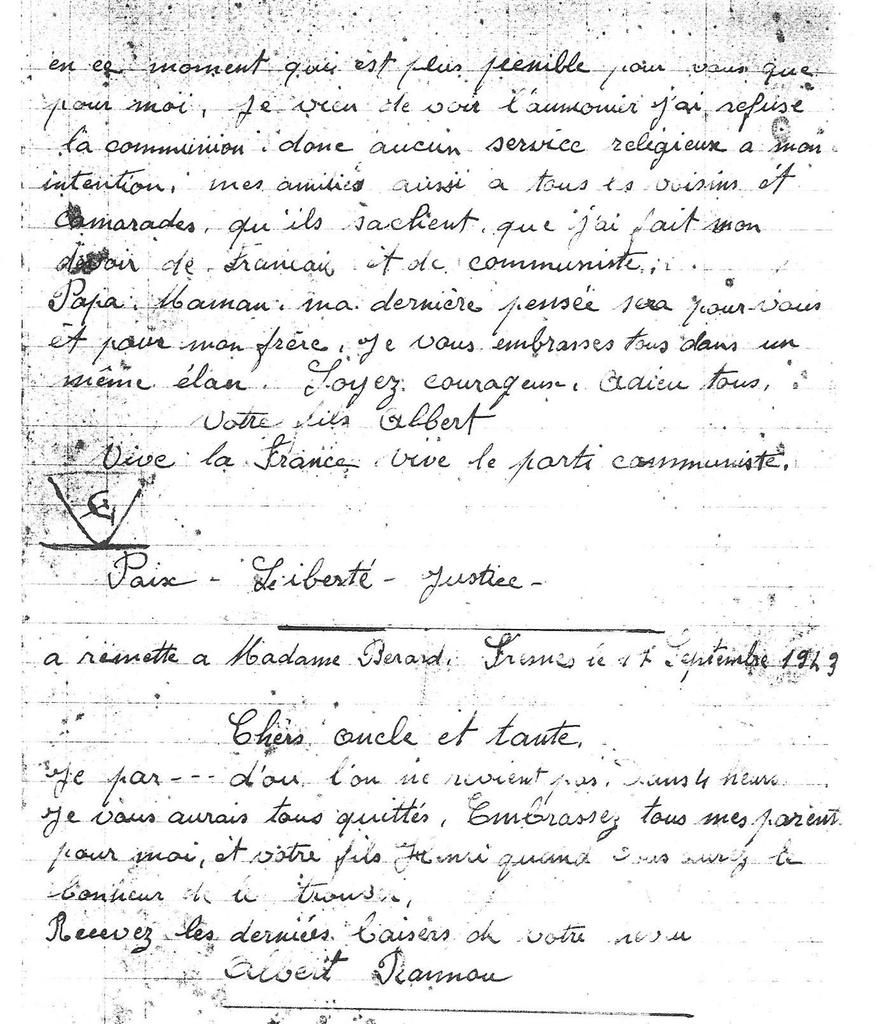 Albert Rannou: Lettres de prison d'un résistant communiste brestois né à Guimiliau fusillé le 17 septembre 1943 au Mont-Valérien 