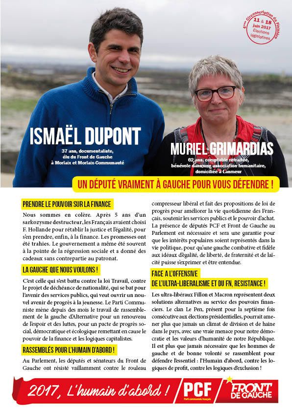 Un député vraiment à gauche pour la circonscription de Morlaix - Comité de soutien à la candidature d'Ismaël Dupont et Muriel Grimardias - Législatives 2017: L'Humain au coeur ! 