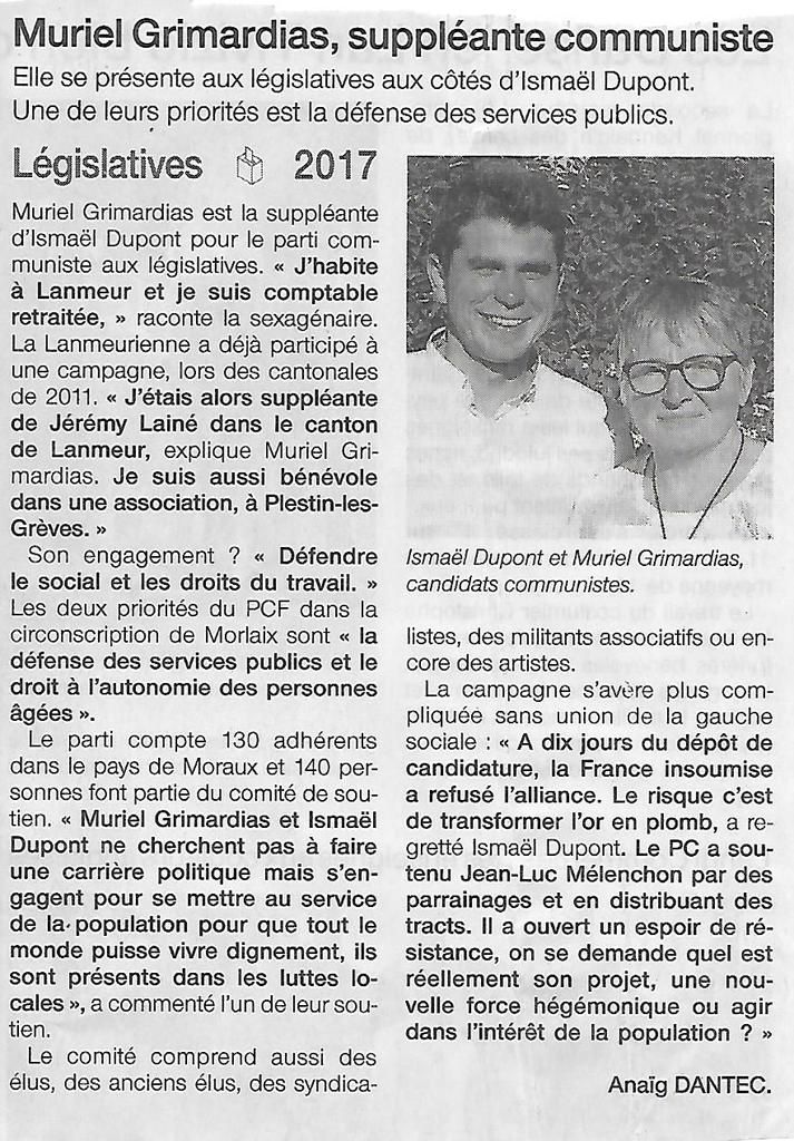 Muriel Grimardias, candidate communiste dans la 4ème circonscription du Finistère (Anaïg Dantec, Ouest-France, 24 mai 2017)