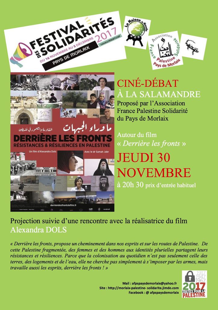 Ciné-débat sur la situation en Palestine à La Salamandre le jeudi 30 novembre: Derrière les fronts, un film de Alexandra Dols et un livre du Docteur Sama Jabr (Festival des solidarités)