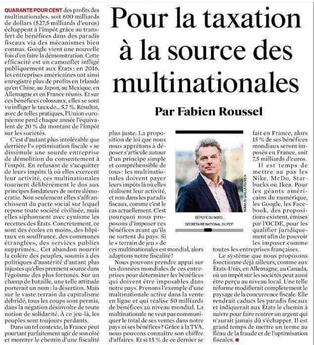 Fabien Roussel, le secrétaire national du PCF, va proposer de taxer les multinationales à la source (Journal du Dimanche, 5 janvier 2019)