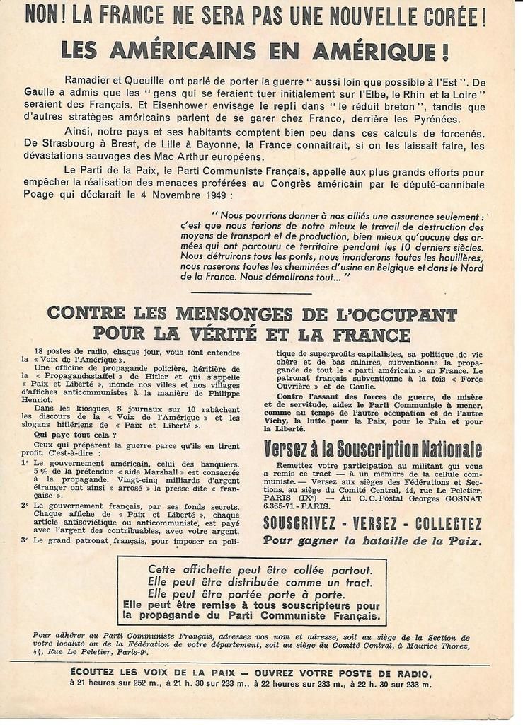 Archives PCF de guerre froide: Non la France ne sera pas une nouvelle Corée! Les Américains en Amérique! - tract PCF avec un dessin de Paul Gillis
