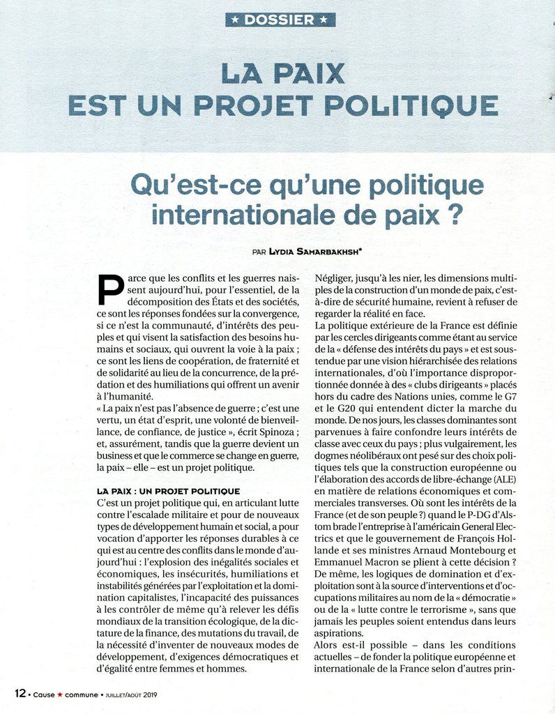 QU'EST CE QU'UNE POLITIQUE INTERNATIONALE DE LA PAIX (Cause commune - Juillet Août 2019 - revue d'action politique du PCF)